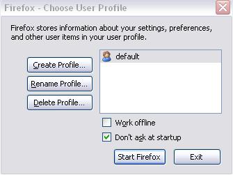 Firefox profile manager popup screen